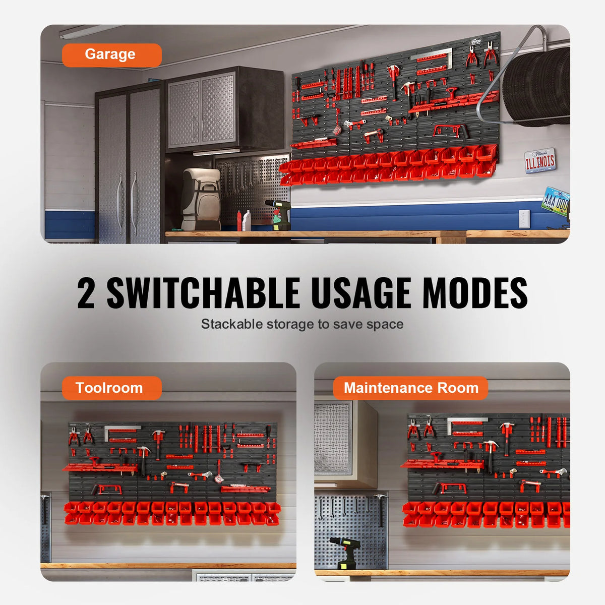 Wall-mounted storage bins with stackable parts organizer showing two usage modes in a garage and toolroom.