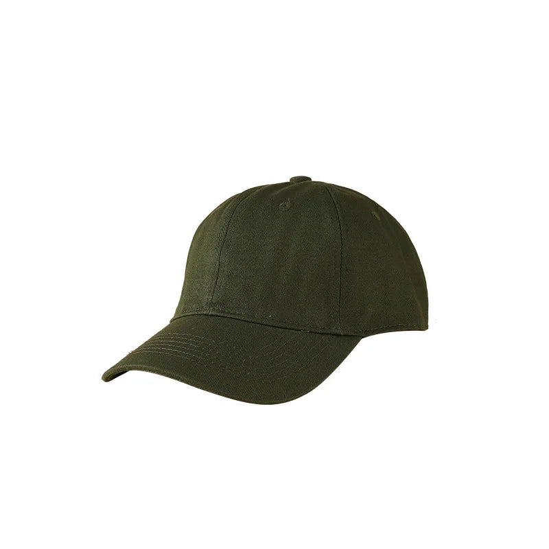 A dark olive green classic cotton dad hat shown from the side.