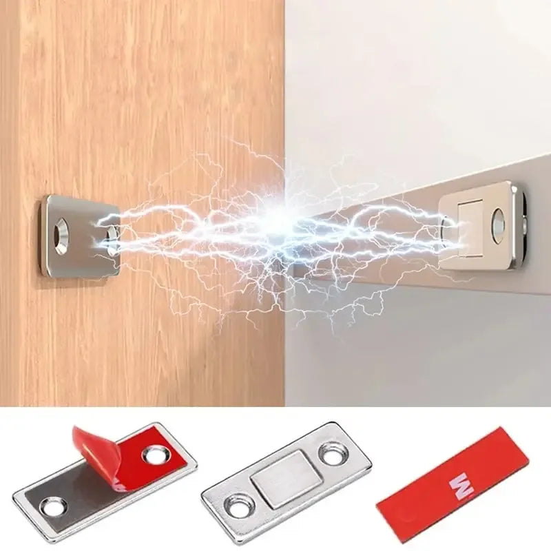 Two silver magnetic door catches are shown with a red label, demonstrating their use on a wooden door.