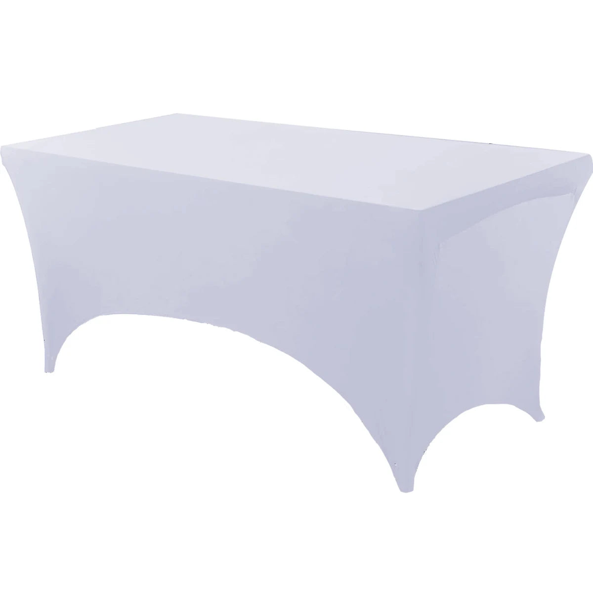 A white stretchable spandex tablecloth covering a rectangular table.