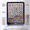 A tablet interface showing various learning options like numbers, letters, and music for bilingual Spanish and English educat