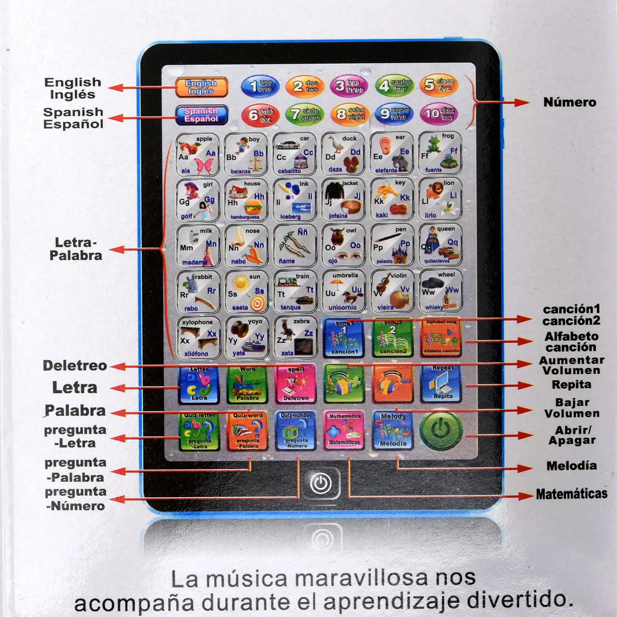 A tablet interface showing various learning options like numbers, letters, and music for bilingual Spanish and English educat