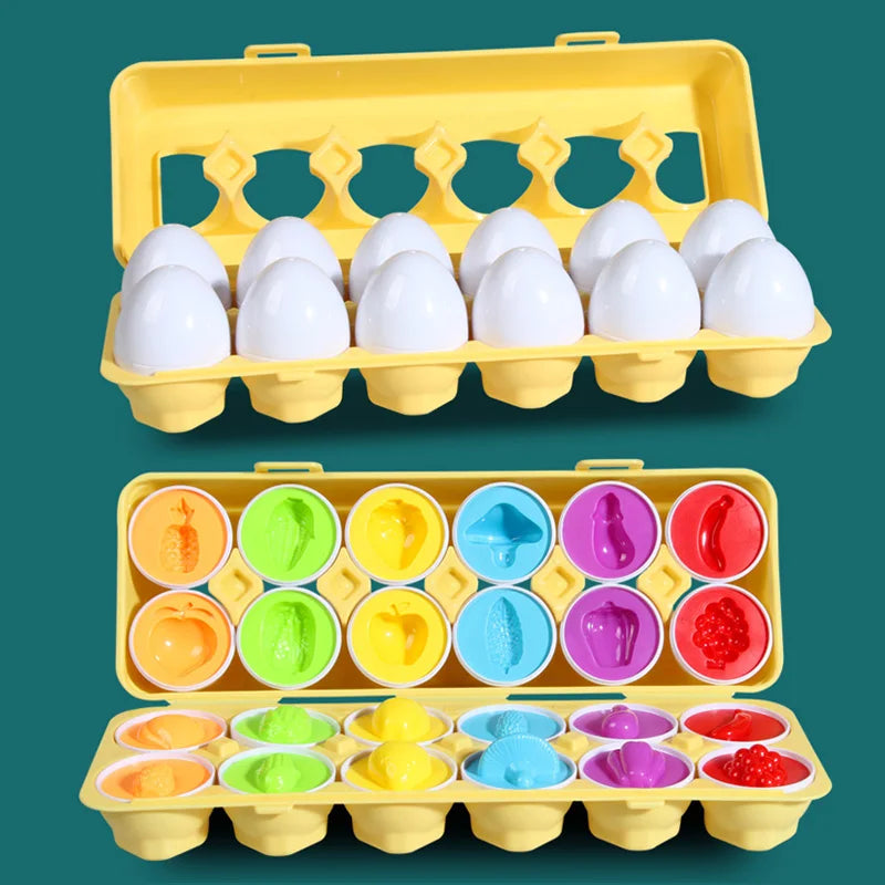 A yellow plastic tray holding multiple matching white eggs for a Montessori toy set.
