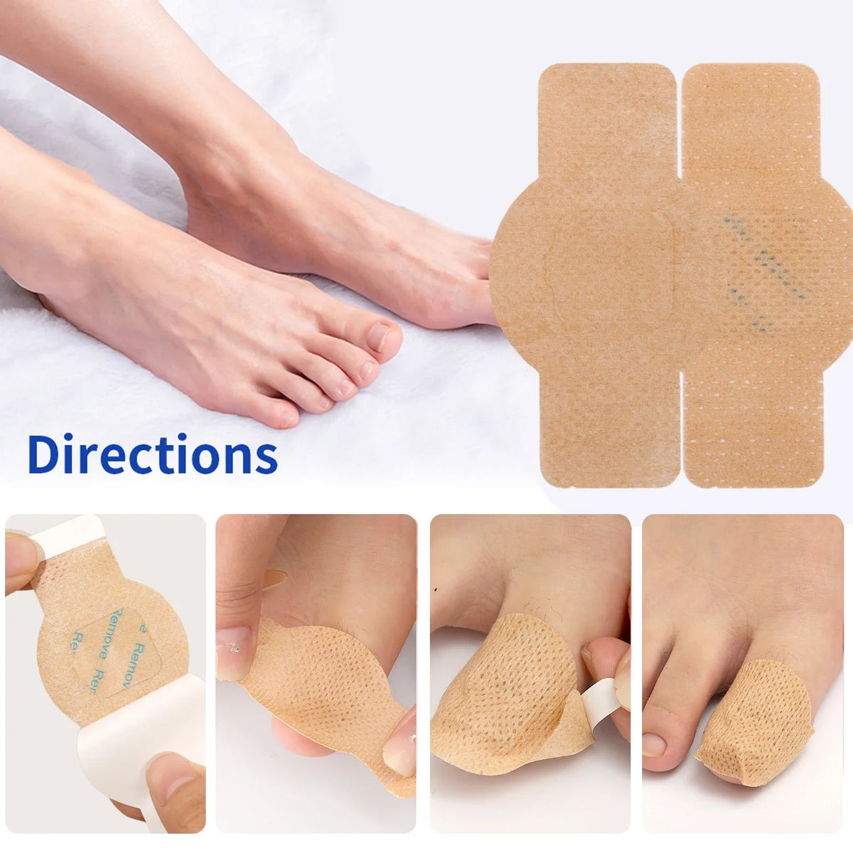 Disposable toenail repair patches shown in various application angles on a foot.