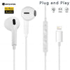 White plug and play in-ear earphones with a microphone and charging cable