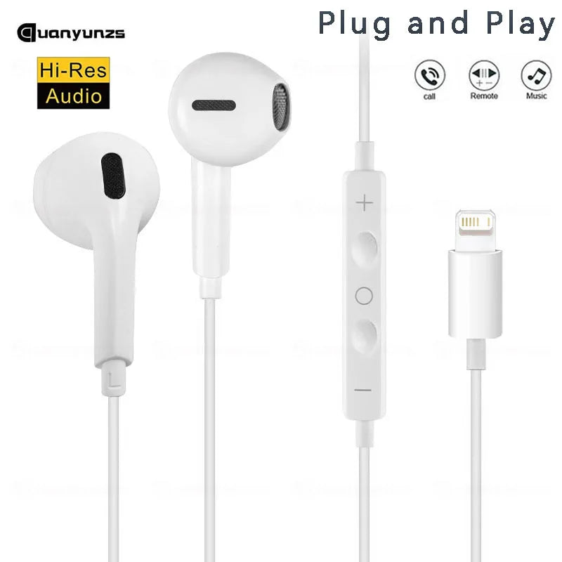 White plug and play in-ear earphones with a microphone and charging cable
