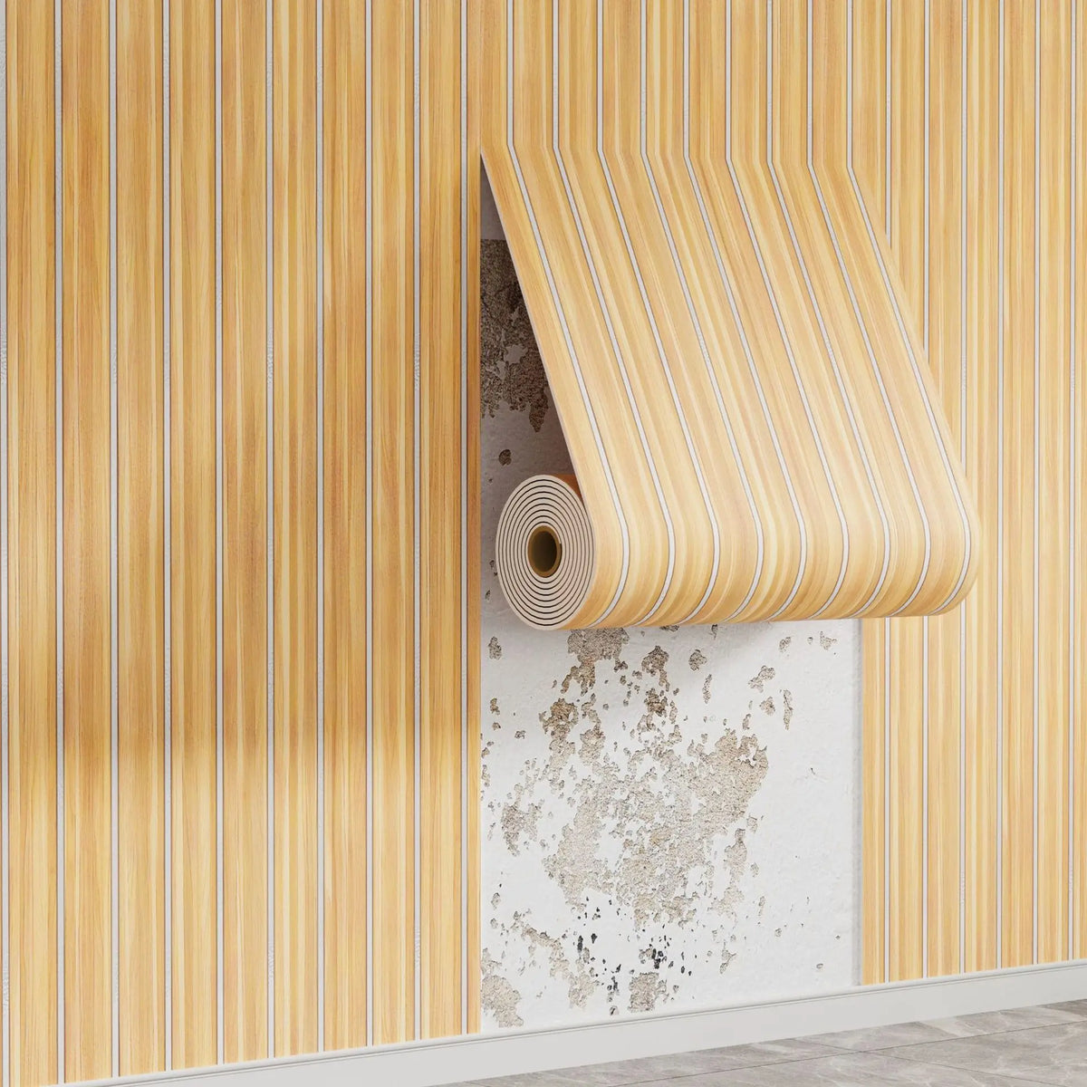 A close-up of wood grain peel-and-stick wall tiles in vertical stripes, featuring natural light and texture.