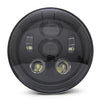 A black 7-inch motorcycle LED headlight with angel eyes and daytime running lights.