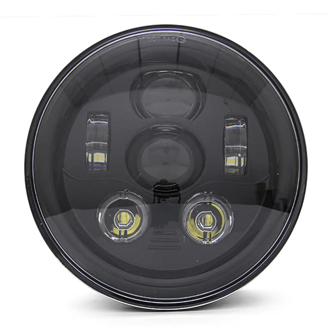 A black 7-inch motorcycle LED headlight with angel eyes and daytime running lights.