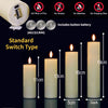 LED pillar candles with remote control and timer shown next to safety features and dimensions