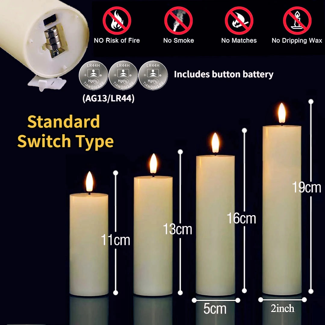 LED pillar candles with remote control and timer shown next to safety features and dimensions
