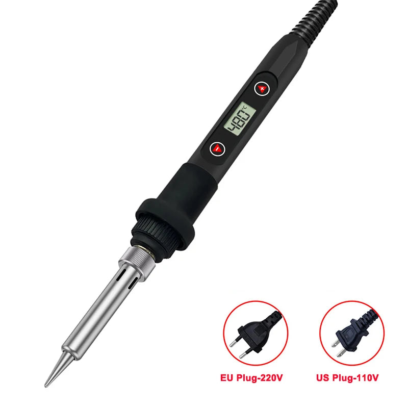 Black soldering iron kit with LCD display and replaceable tips shown diagonally