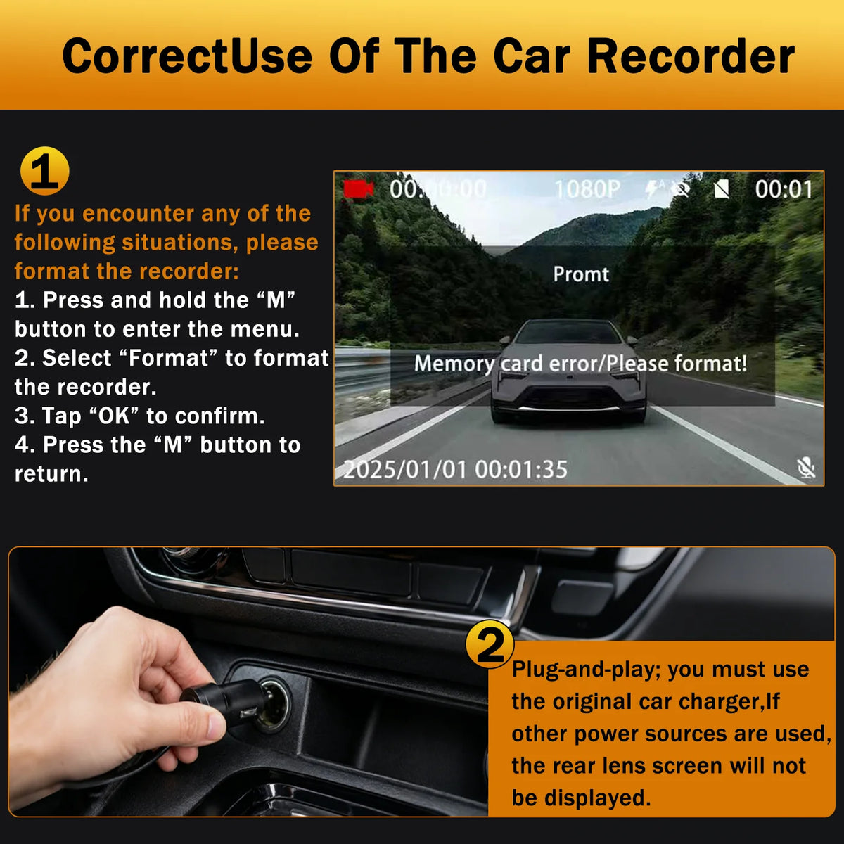 Instructions for formatting a car recorder showing a prompt on a screen and a hand plugging in a charger.
