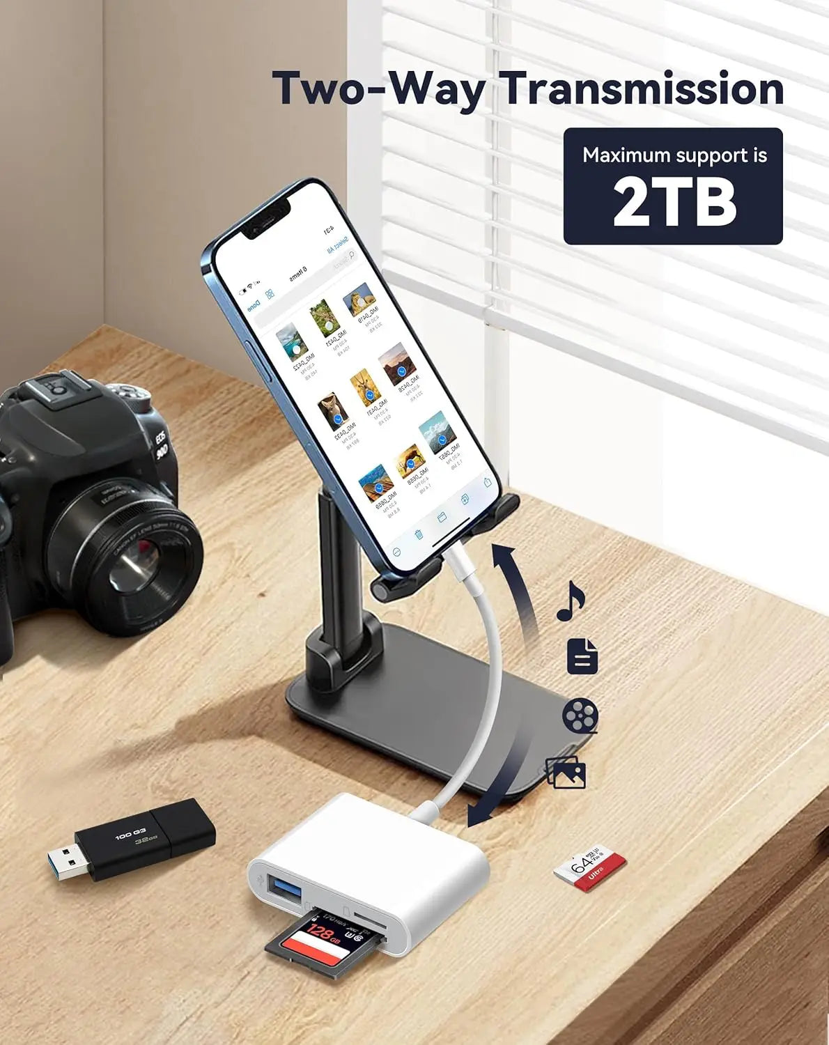 A 3-in-1 USB-C memory card reader is shown with a smartphone and various memory cards on a wooden surface.