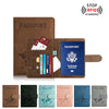 A brown RFID blocking passport holder with card slots and a blue passport displayed next to various colored passport holders.