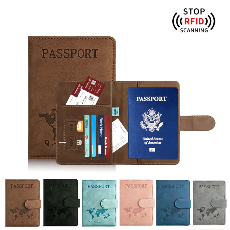 A brown RFID blocking passport holder with card slots and a blue passport displayed next to various colored passport holders.