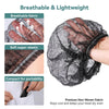A black non-woven bouffant cap is shown being worn on a hand, highlighting its breathable and lightweight fabric.