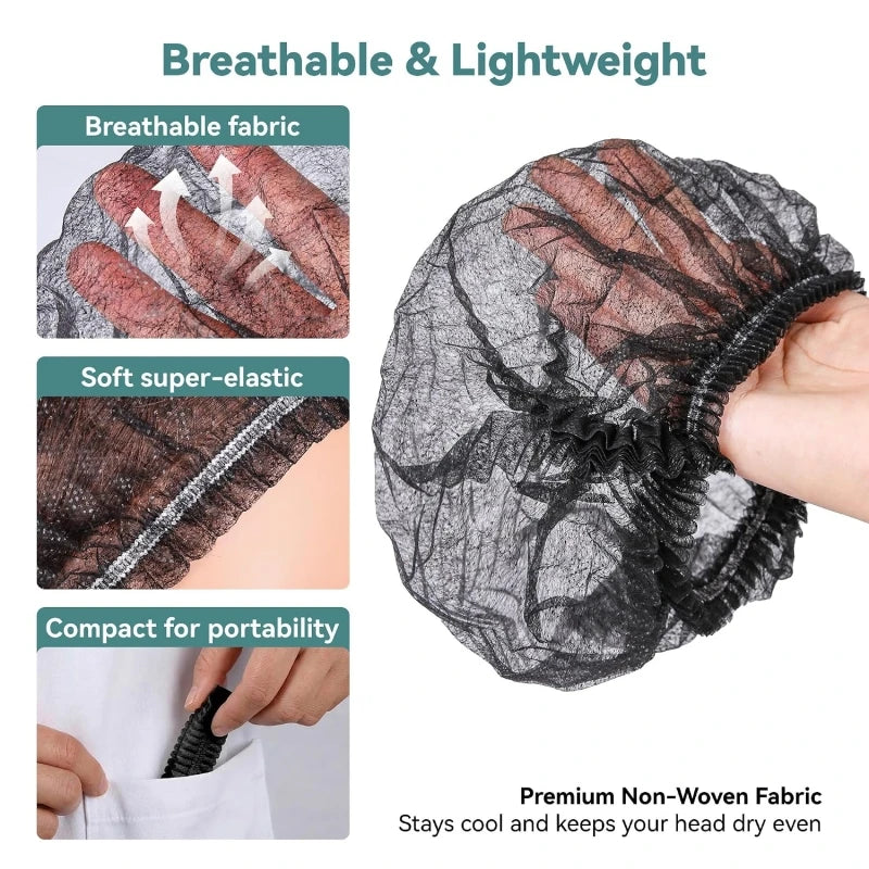 A black non-woven bouffant cap is shown being worn on a hand, highlighting its breathable and lightweight fabric.