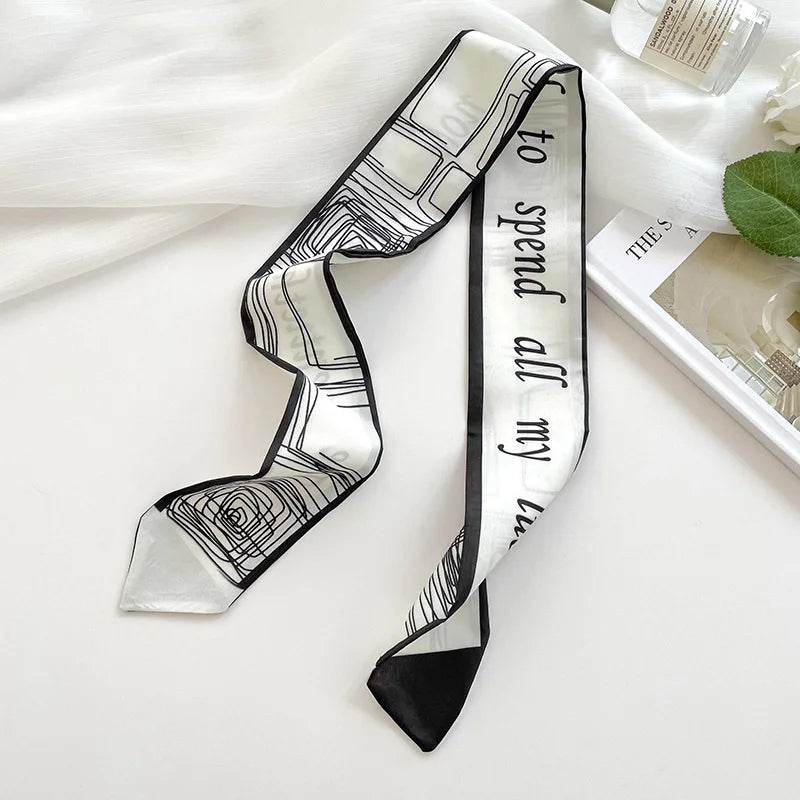 Floral Print Silk Hair Scarf for Women – Long Ribbon Headband