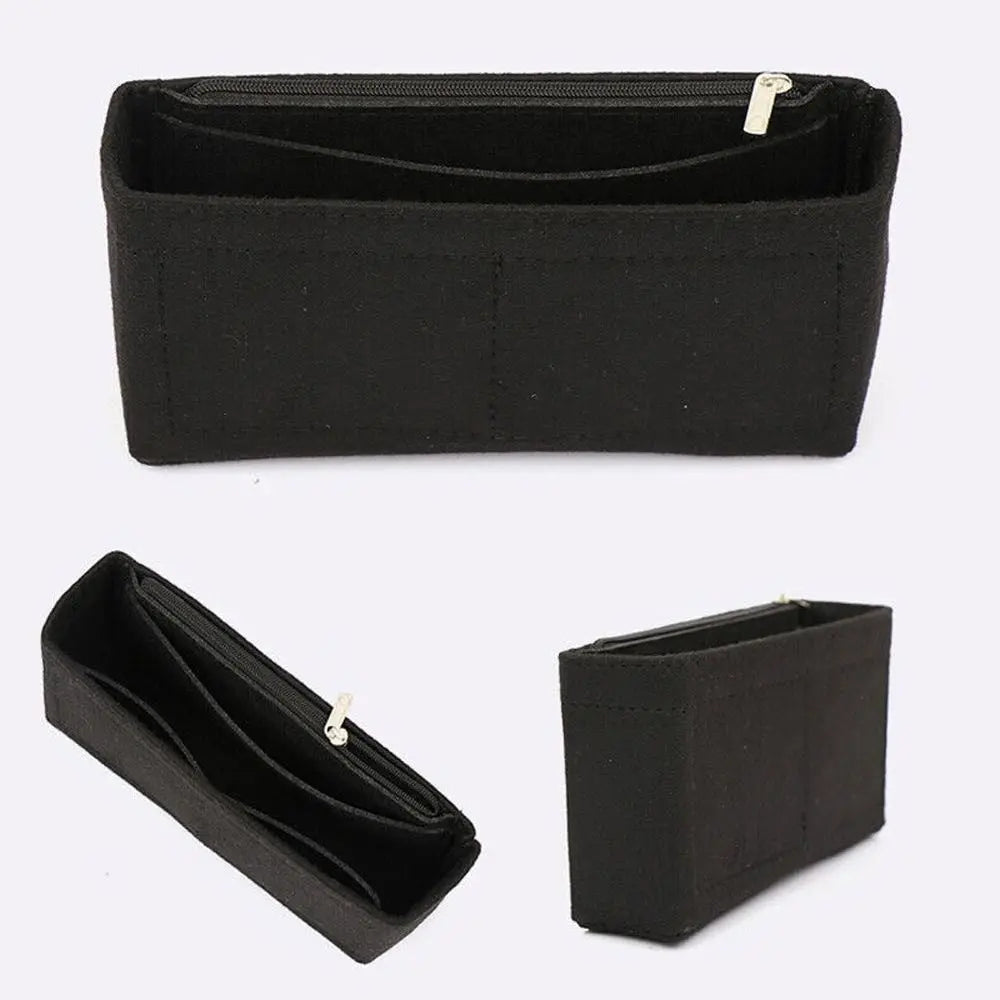 Black soft felt handbag organizer insert with multi-pockets shown in various views