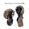 A set of one short and one long nightcap featuring leopard print fabric on a black mannequin head.