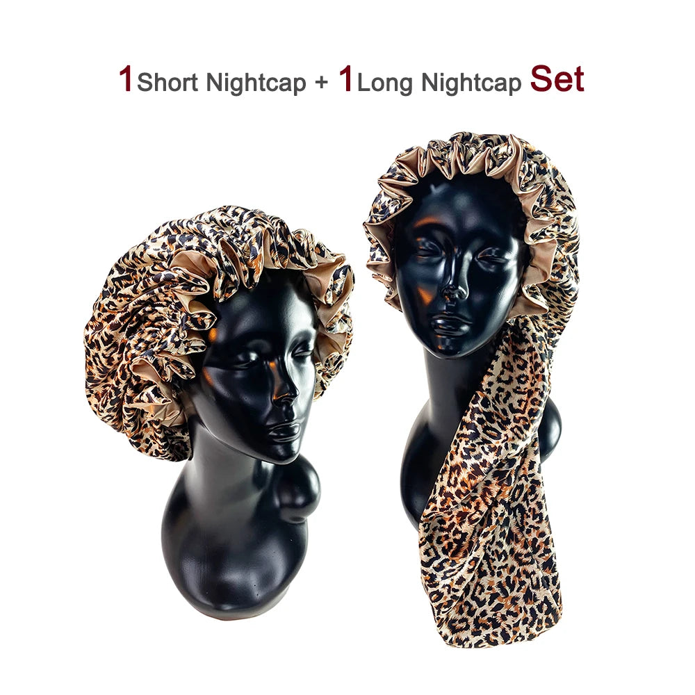 A set of one short and one long nightcap featuring leopard print fabric on a black mannequin head.