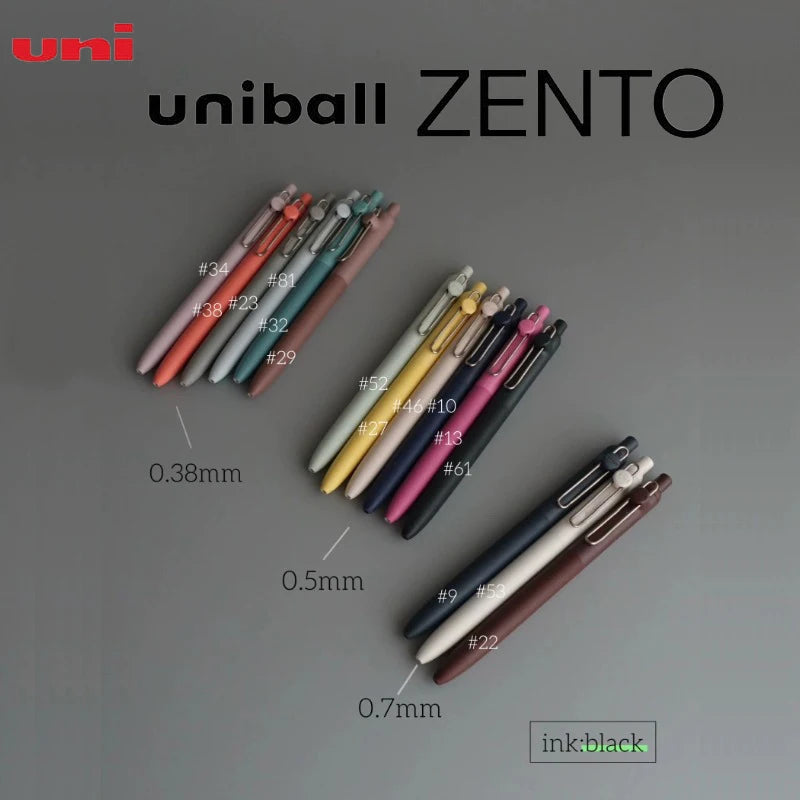 A collection of Uni ZENTO gel pens in various colors and thicknesses, shown against a gray background.