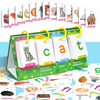 A green folder holds a set of letter flashcards featuring various cats and other animals for early reading and phonics practi