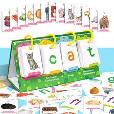 A green folder holds a set of letter flashcards featuring various cats and other animals for early reading and phonics practi