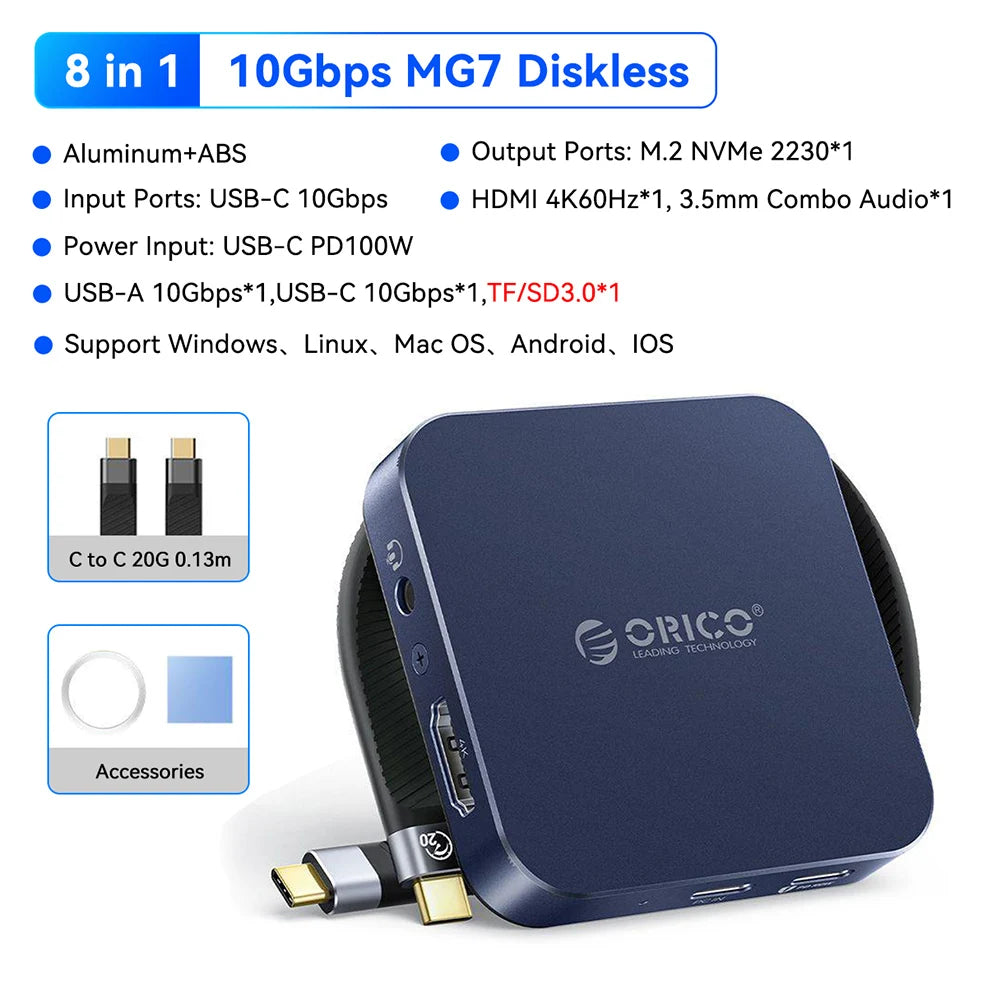 Boîtier NVMe SSD magnétique bleu foncé avec différents ports et accessoires sur fond blanc.