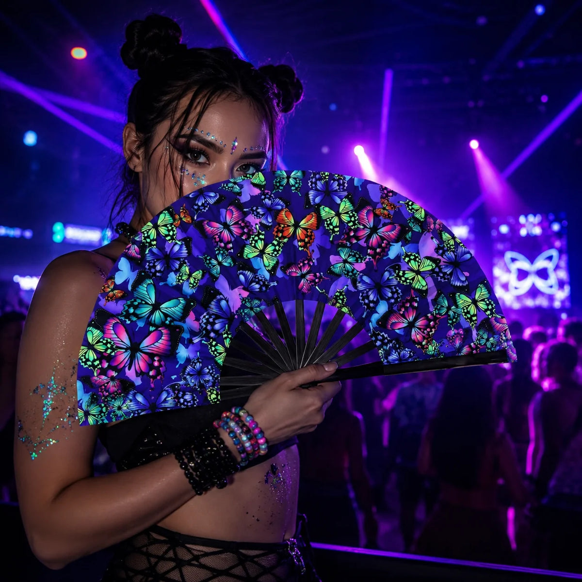 Holographic Folding Hand Fan with UV Glow Effect
