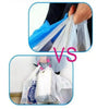 Comparison of two grocery bags, one blue and one white, showing different carrying methods.