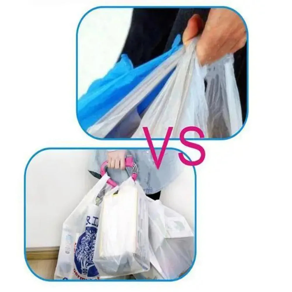 Comparison of two grocery bags, one blue and one white, showing different carrying methods.