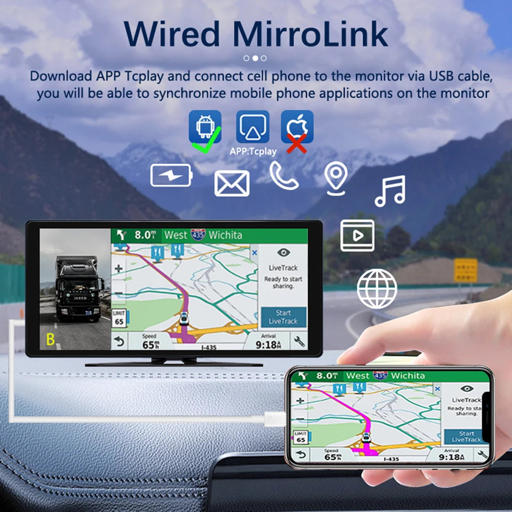 A hand holds a mobile phone displaying a map interface, demonstrating the Wired MiroLink feature for syncing applications to 