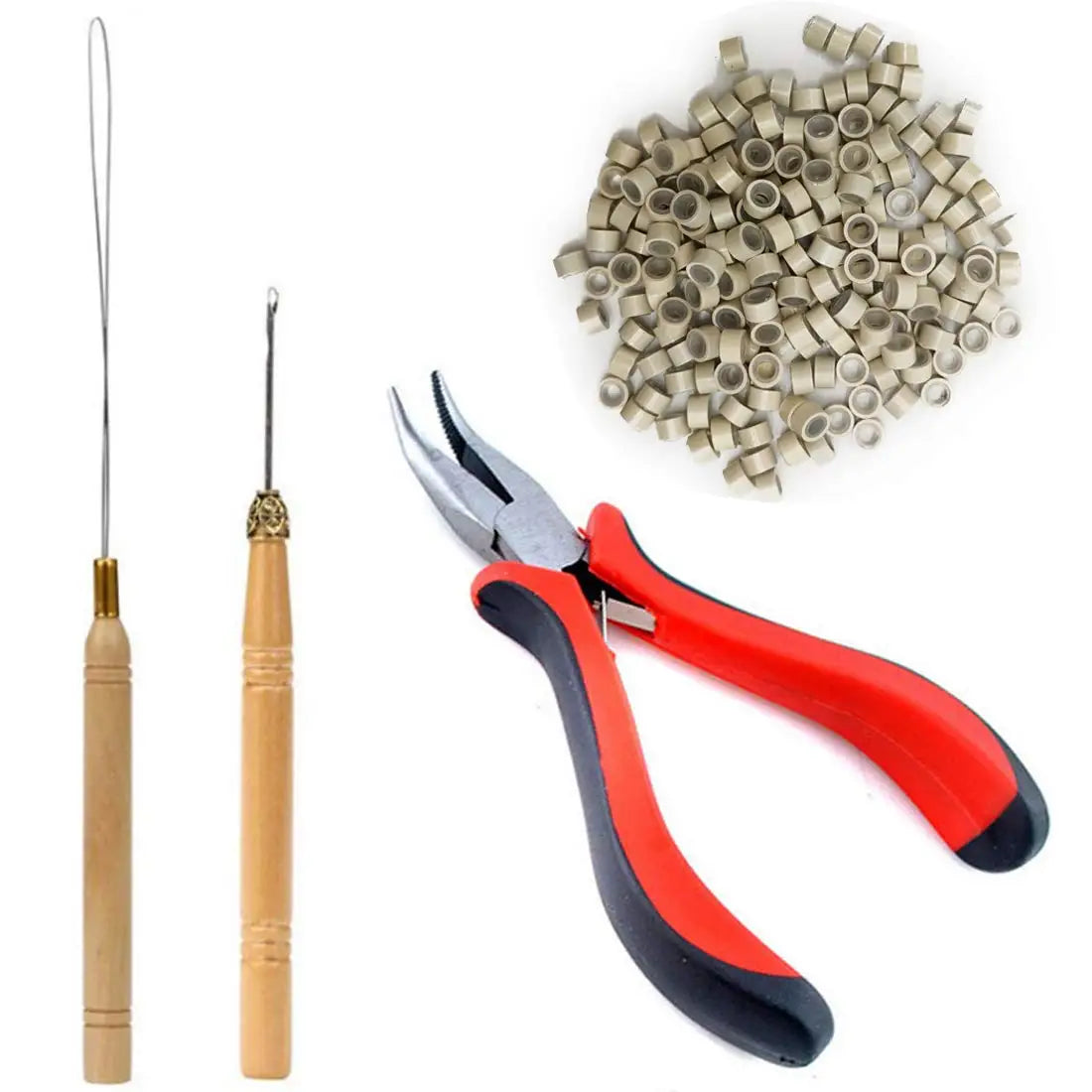 A set of hair extension installation tools including a needle and a pair of pliers, alongside 100 silicone-lined micro rings.