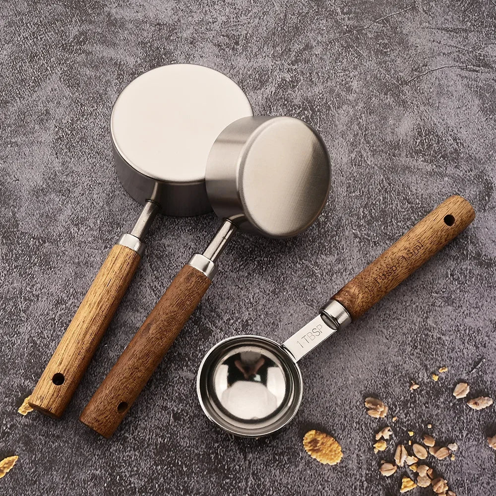 Stainless Steel Measuring Cup and Spoon Set with Wooden Handles