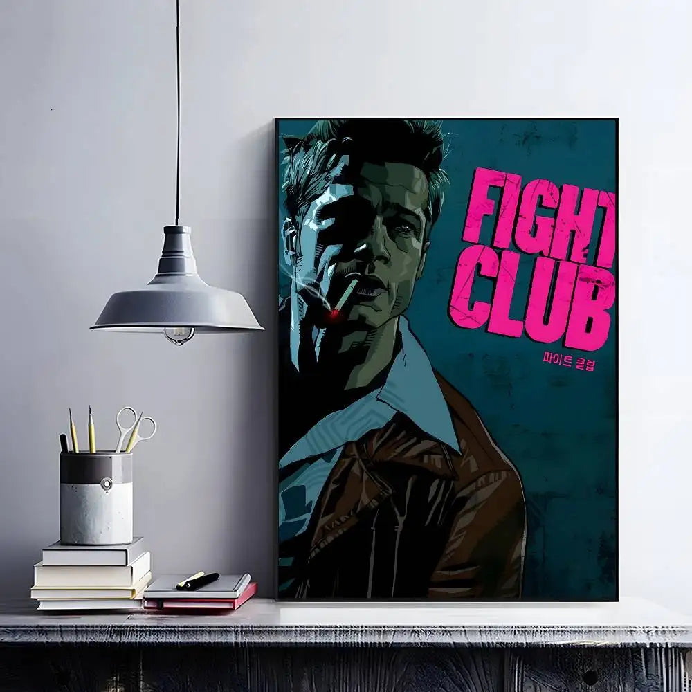 A poster of the Fight Club movie featuring a man with intense expression, displayed on a shelf.