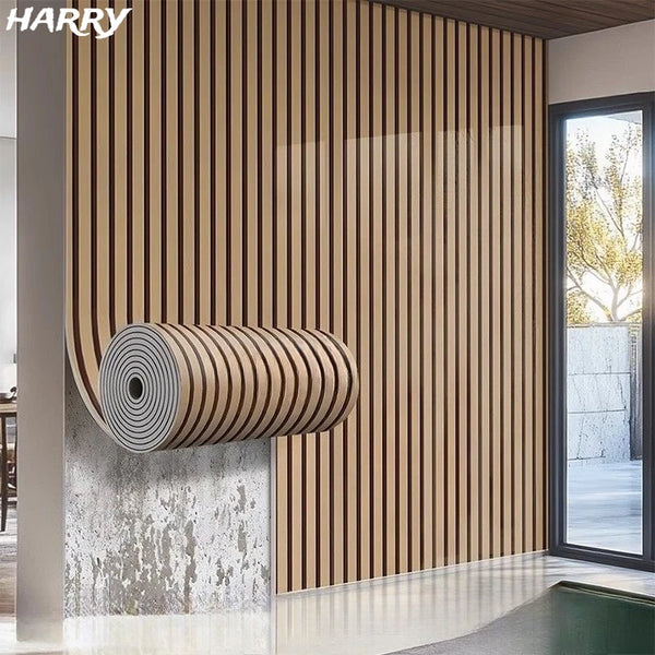 A realistic wood grain self-adhesive wall sticker is displayed on a modern interior wall with vertical slats.