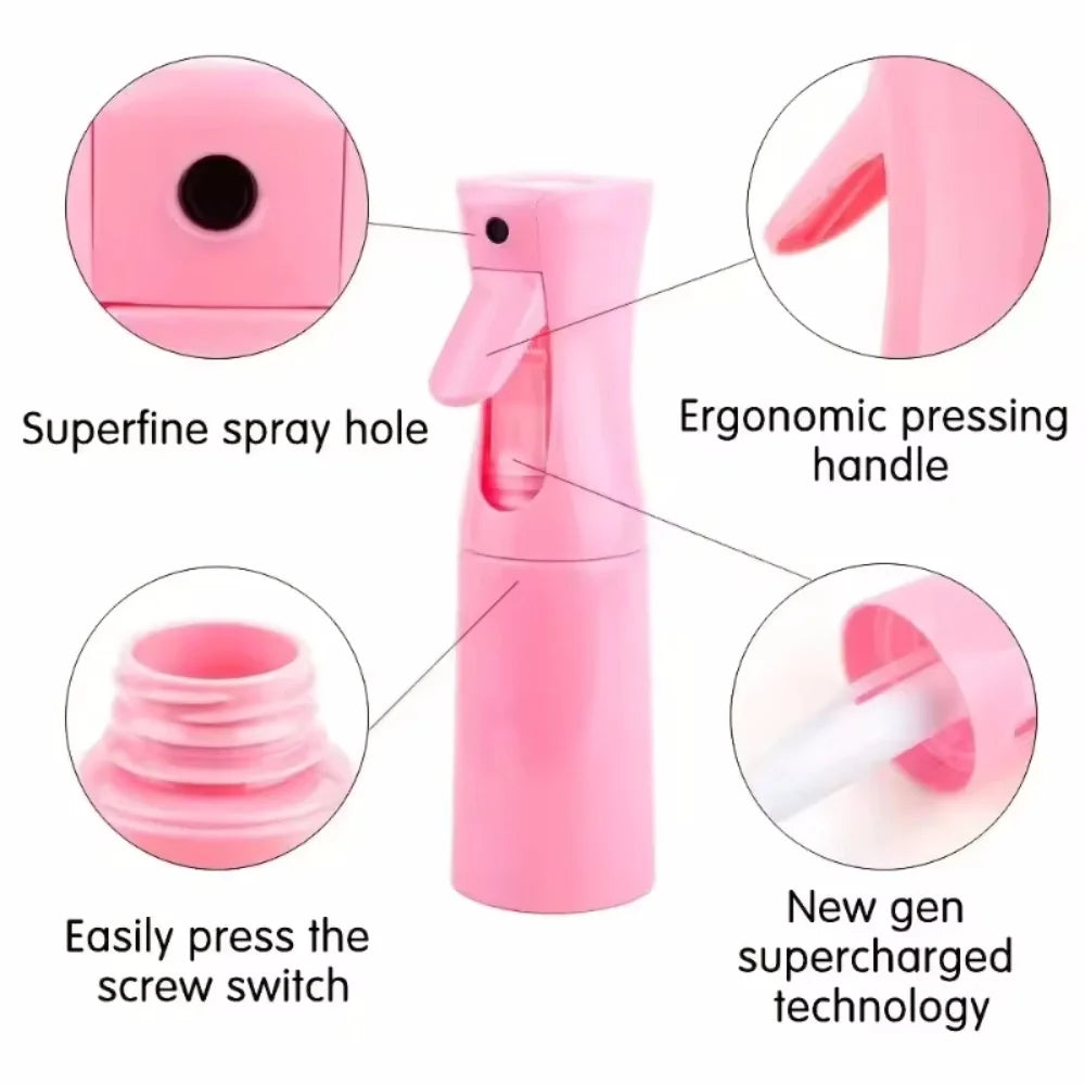 Pink refillable spray bottle with an ergonomic pressing handle and screw switch for ultra-fine mist application