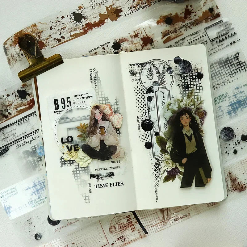 A decorative PET washi tape featuring a mottled collage design with black, white, and gold elements.