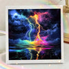 A vibrant painting featuring a dramatic lightning strike illuminating a dark, stormy night sky and reflecting on water.