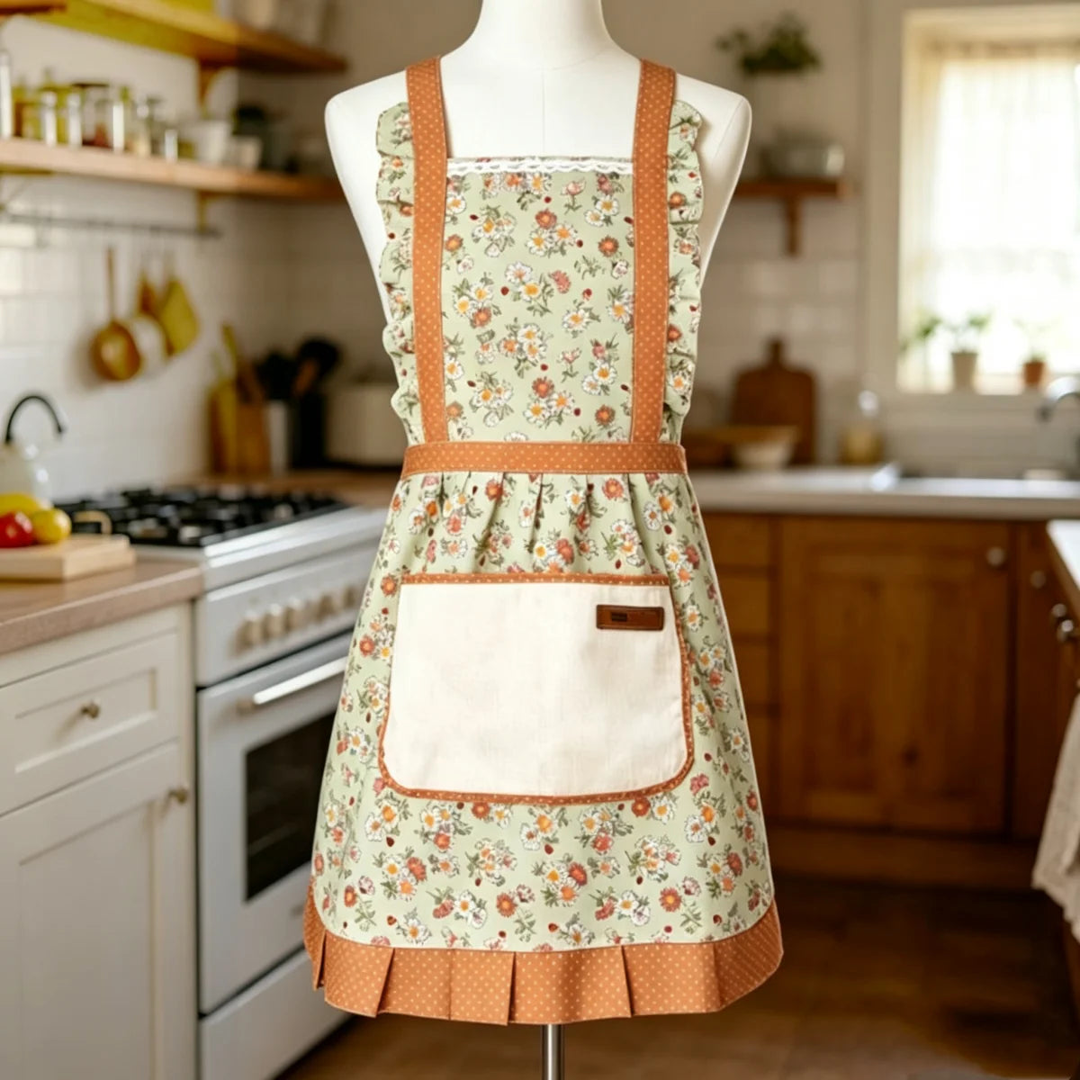 Women's Floral Kitchen Apron with Pocket & Adjustable Strap