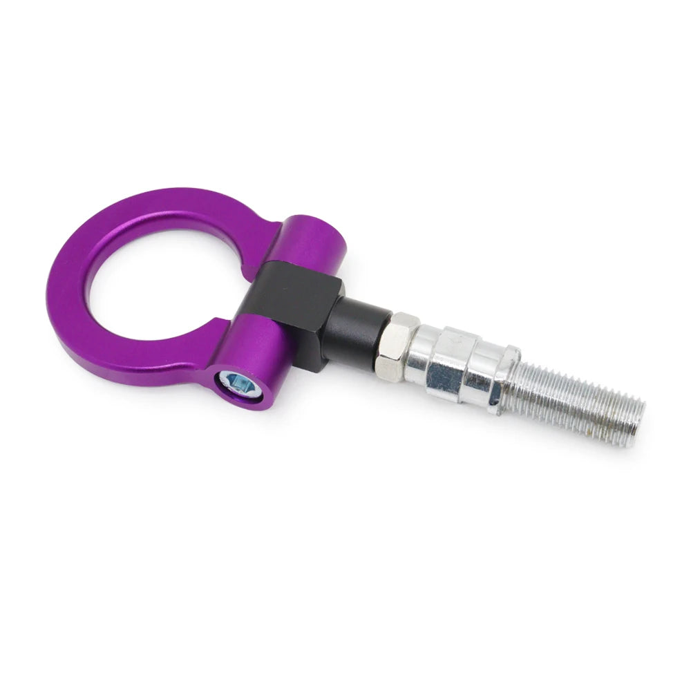 A purple universal racing tow hook for Japanese cars with a black handle and silver threaded end.