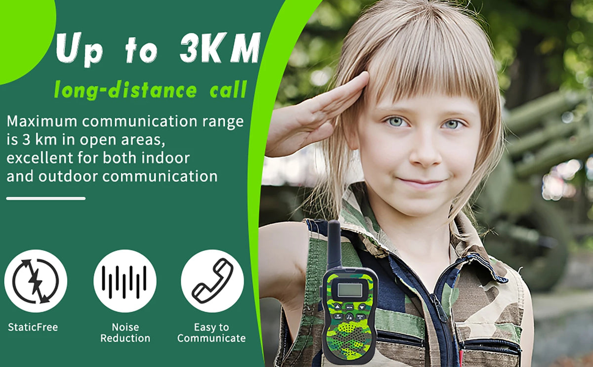 A young girl holds a green walkie-talkie device outdoors, demonstrating its long-distance communication capabilities.