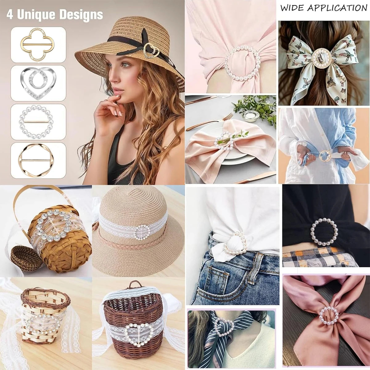 A collection of metal scarf ring clips and buckles in various designs for women's fashion accessories.