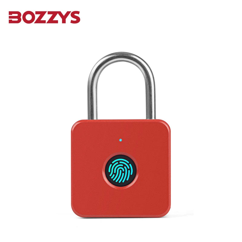 A red fingerprint pad lock with a silver shackle, featuring an optical sensor for touch-to-unlock security.