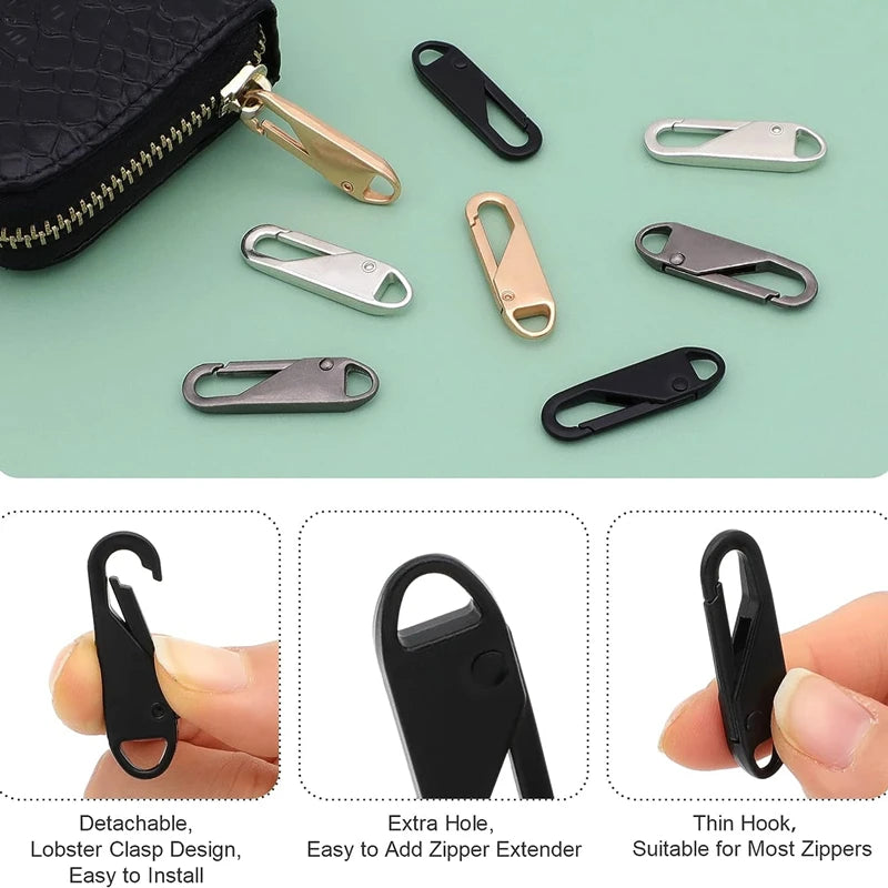 A collection of various metal and plastic zipper pulls and sliders for replacement or repair.