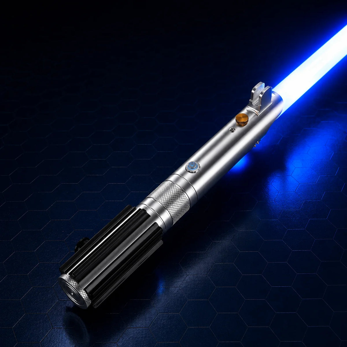 A silver lightsaber with a blue laser blade is shown against a dark blue background.