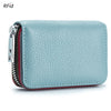 Light blue genuine leather card holder with a zipper and RFID protection feature