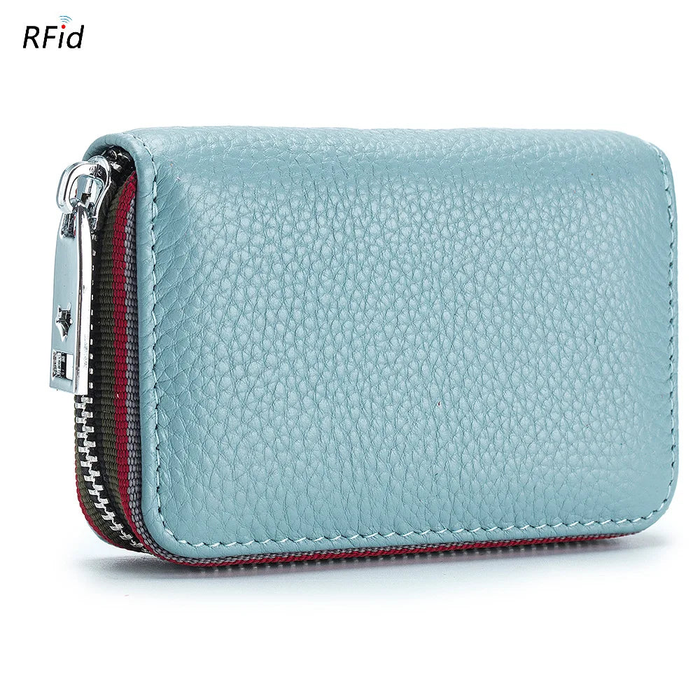 Light blue genuine leather card holder with a zipper and RFID protection feature